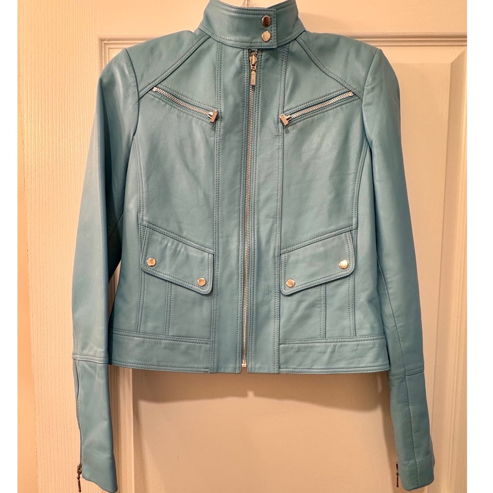 Cache Womens Light Blue 100% Leather Moto Biker Jacket Size 6 RN 74578 Y2K VTG